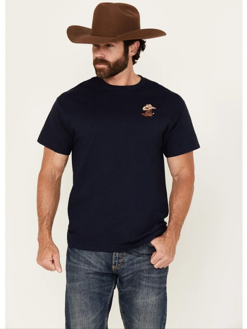 Riot Society Men's Boot Boots & Hat Embroidered Navy Blue Short Sleeve Crew Neck